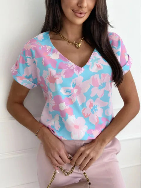 Women's Floral Print V-Neck T-Shirt - Casual Short Sleeve Top
