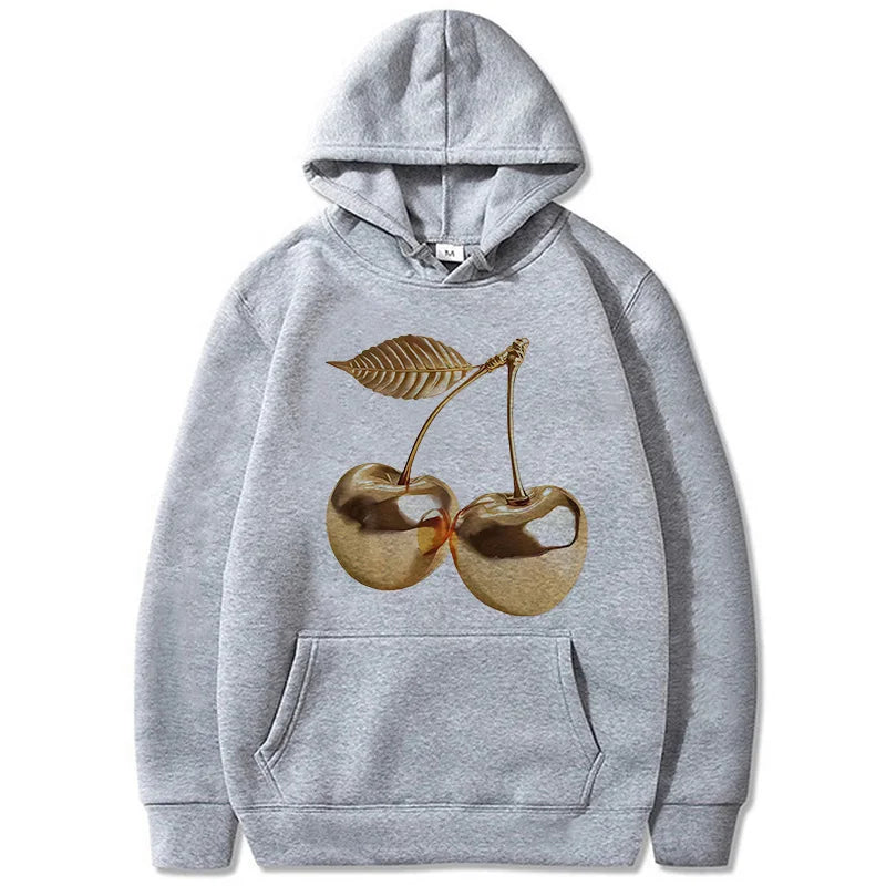 Women's Golden Cherry Print Hoodie - Vintage 90s Sweatshirt