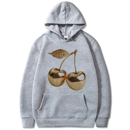 Women's Golden Cherry Print Hoodie - Vintage 90s Sweatshirt