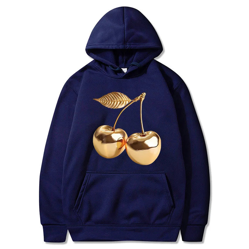 Women's Golden Cherry Print Hoodie - Vintage 90s Sweatshirt