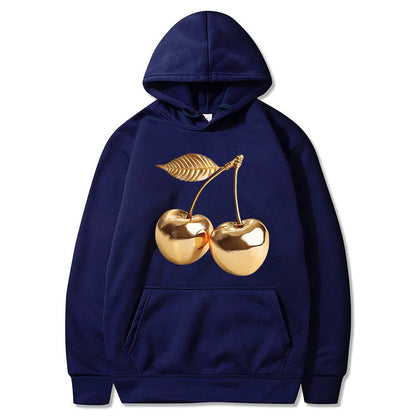 Women's Golden Cherry Print Hoodie - Vintage 90s Sweatshirt