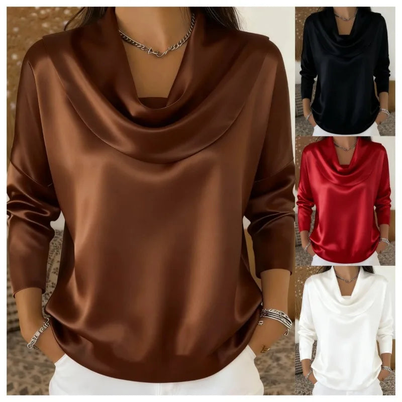 Women's Satin Swing Collar Shirt - Versatile Long Sleeve Blouse