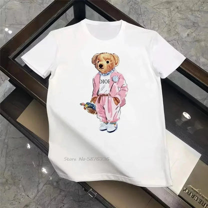 Women's Bear Print Cotton T-Shirt - Casual O-Neck Summer Top