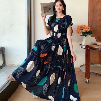 Bohemian Long Dress Summer Fashion One-Shoulder Floral Cotton Silk Elastic Waist Beach Skirt Vintage Ethnic Style Short Sleeve