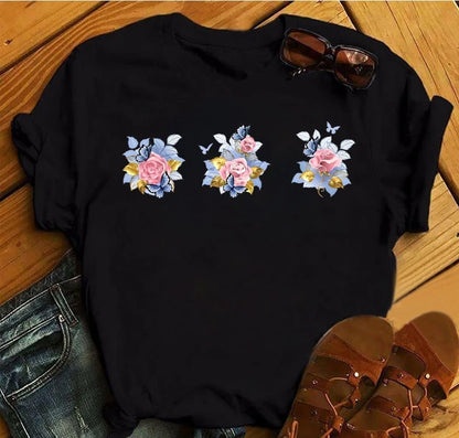 Women's 3D Rose Print T-Shirt - Casual Summer Cotton Top