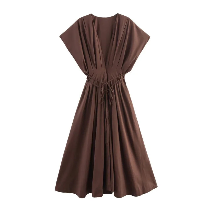 Women's Vintage V-Neck Midi Dress - Pleated Lace-Up Party Dress
