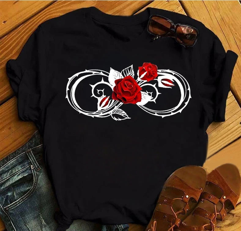 Women's 3D Rose Print T-Shirt - Casual Summer Cotton Top