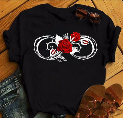 Women's 3D Rose Print T-Shirt - Casual Summer Cotton Top