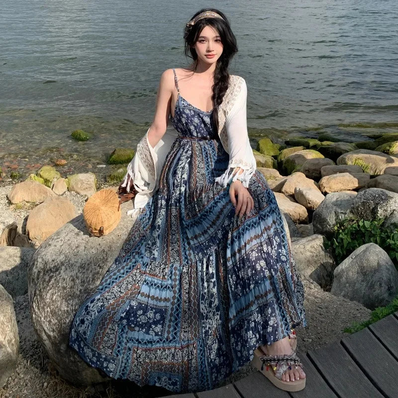 Women's Bohemian Embroidered Tank Dress - Ethnic Summer Maxi Dress