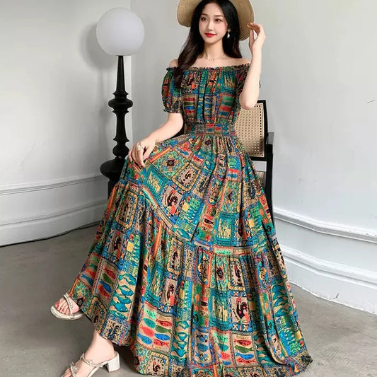 Bohemian Long Dress Summer Fashion One-Shoulder Floral Cotton Silk Elastic Waist Beach Skirt Vintage Ethnic Style Short Sleeve
