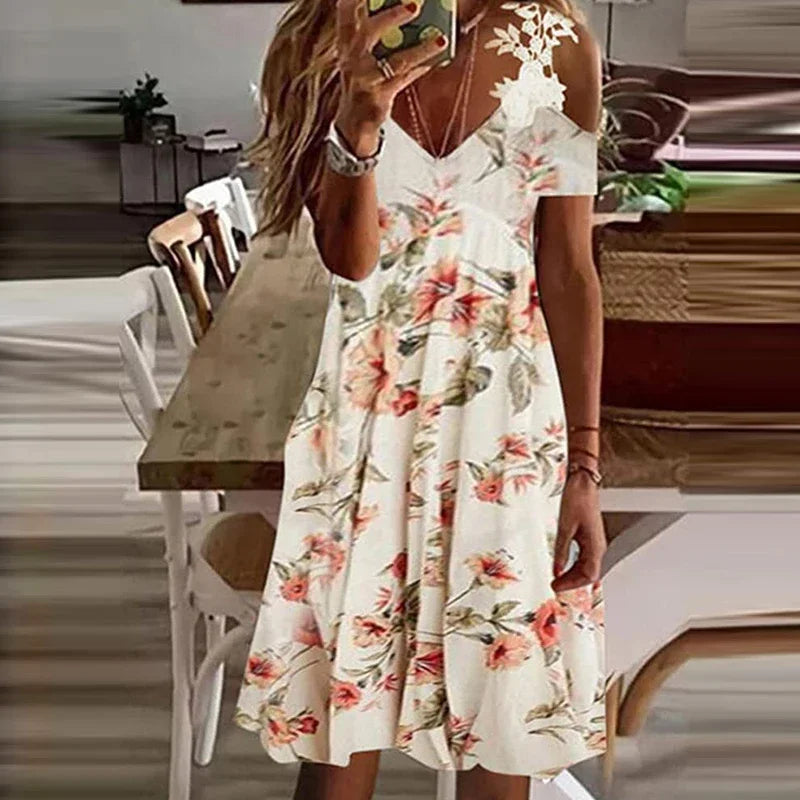 Women's Lace V-Neck Suspender Dress - White Summer Mini Dress