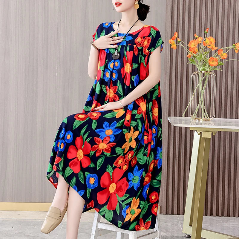 Women's Plus Size Summer Dress - Loose O-Neck Cotton Print Dress