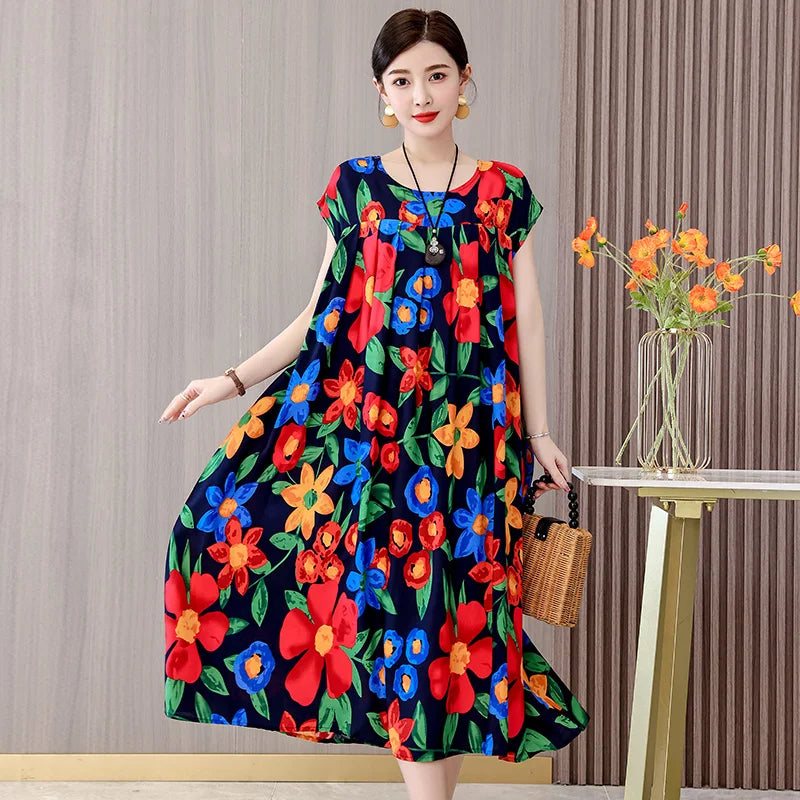 Women's Plus Size Summer Dress - Loose O-Neck Cotton Print Dress