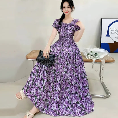 Bohemian Long Dress Summer Fashion One-Shoulder Floral Cotton Silk Elastic Waist Beach Skirt Vintage Ethnic Style Short Sleeve