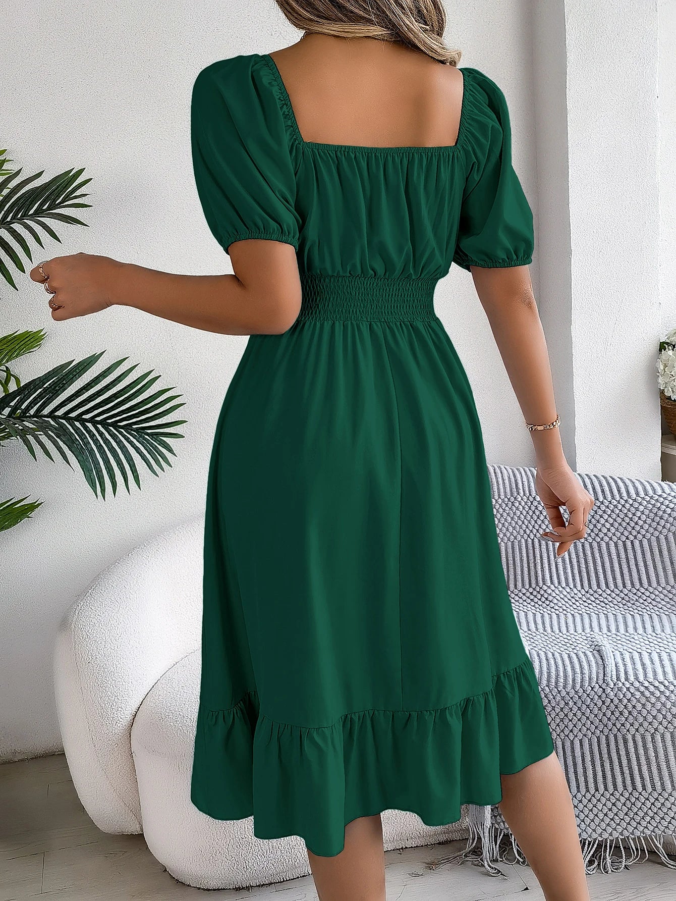 Women's Square Neck Maxi Dress - High Waist Ruffled Short Sleeve Dress