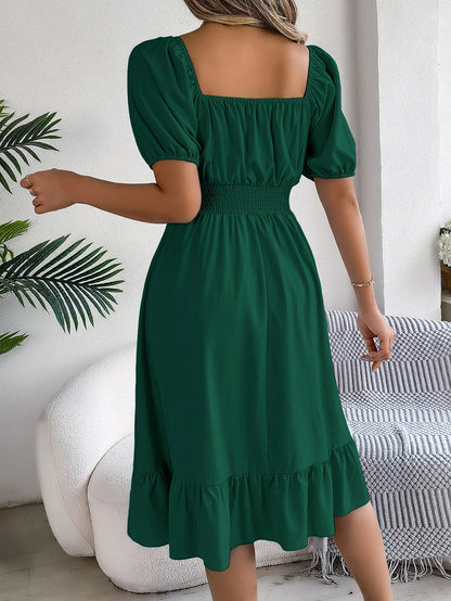 Women's Square Neck Maxi Dress - High Waist Ruffled Short Sleeve Dress