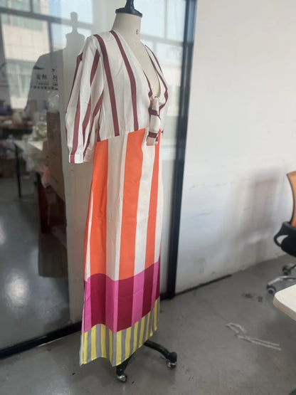 Women's Linen V-Neck Maxi Dress - Printed High Waist Party Dress