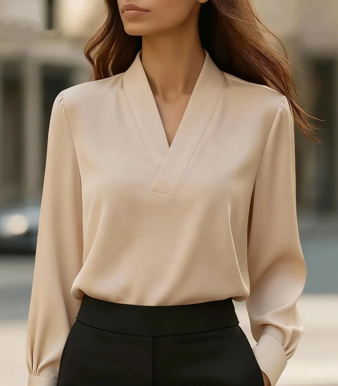 Women's Casual V-Neck Blouse - Loose Long Sleeve Office Shirt