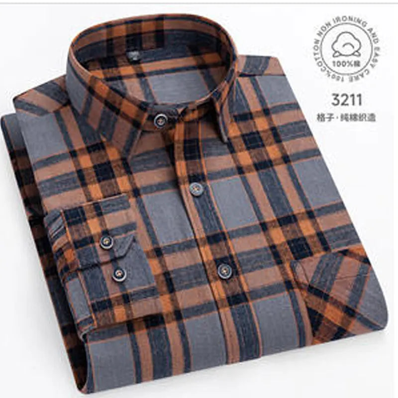 Men 100% Cotton Long Sleeve Plaid Shirt - Plus Size