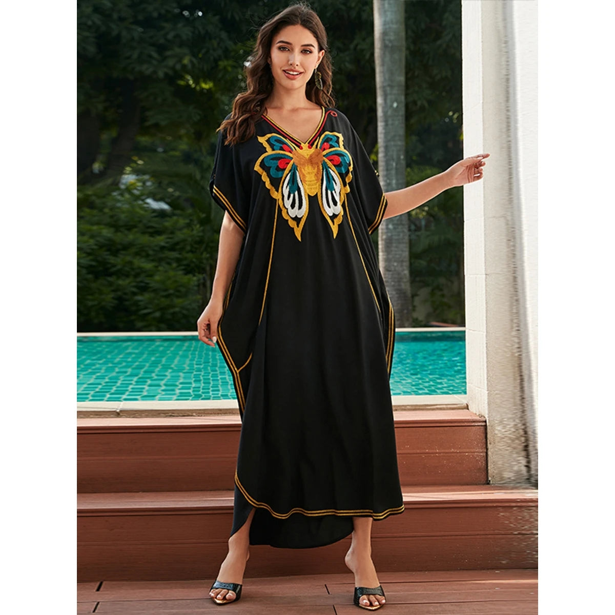 Women's Embroidered Floral Beach Dress - Loose Cotton Summer Gown