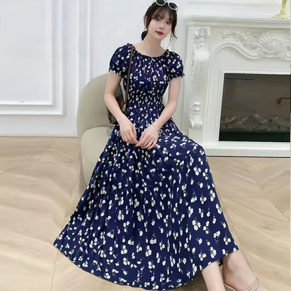 Bohemian Long Dress Summer Fashion One-Shoulder Floral Cotton Silk Elastic Waist Beach Skirt Vintage Ethnic Style Short Sleeve
