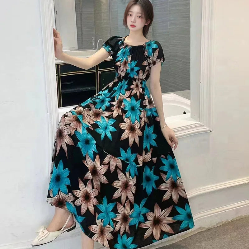 Bohemian Long Dress Summer Fashion One-Shoulder Floral Cotton Silk Elastic Waist Beach Skirt Vintage Ethnic Style Short Sleeve