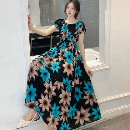 Bohemian Long Dress Summer Fashion One-Shoulder Floral Cotton Silk Elastic Waist Beach Skirt Vintage Ethnic Style Short Sleeve