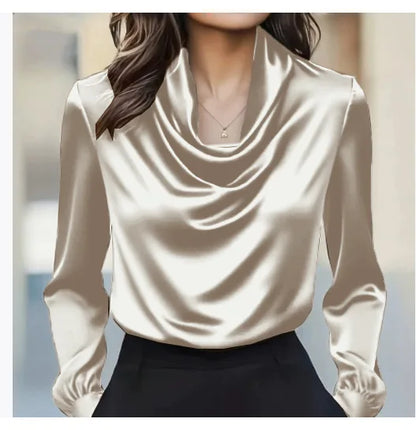 Women's Solid Color Swing Collar Shirt - Elegant Long Sleeve Blouse
