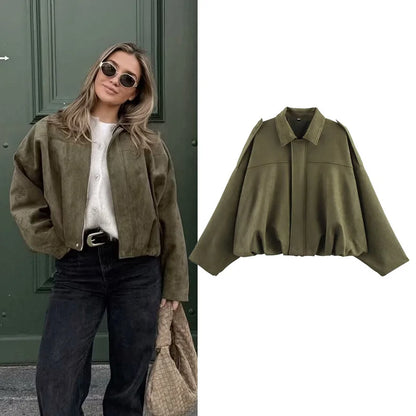 Women's Vintage Bomber Jacket - Loose Fit Zip-Up Coat