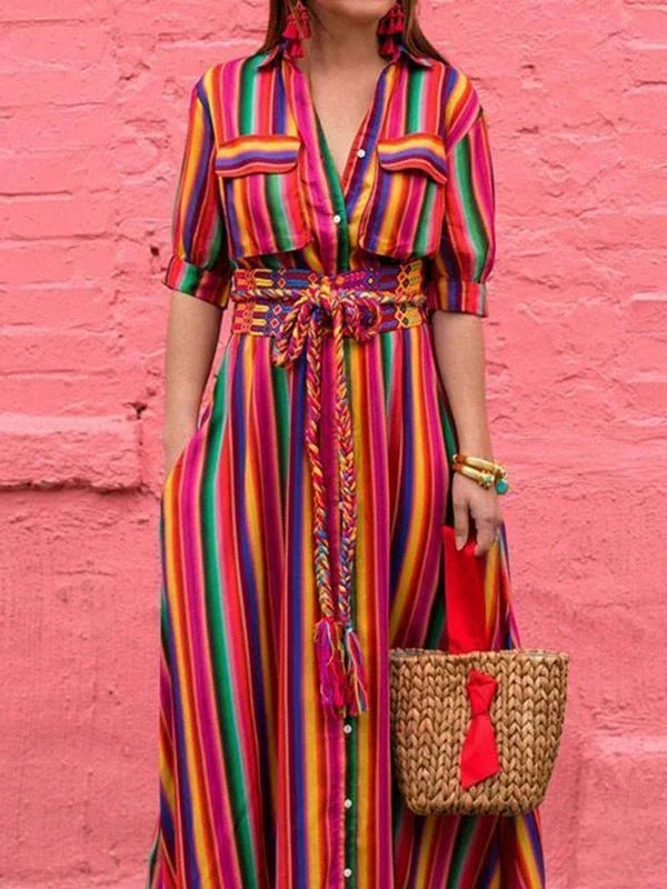Women's Striped Maxi Dress - Bohemian Button-Front Beach Dress