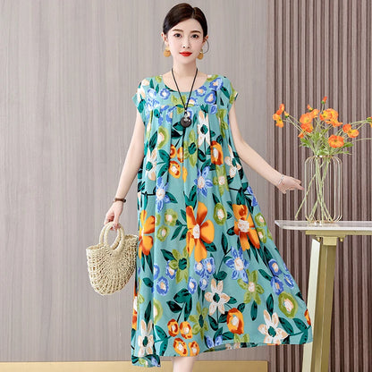 Women's Plus Size Summer Dress - Loose O-Neck Cotton Print Dress