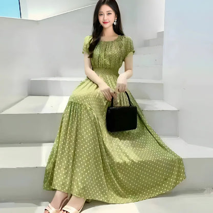 Bohemian Long Dress Summer Fashion One-Shoulder Floral Cotton Silk Elastic Waist Beach Skirt Vintage Ethnic Style Short Sleeve