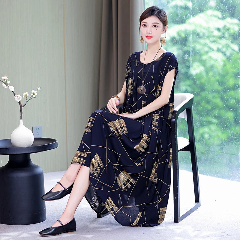 Women's Plus Size Summer Dress - Loose O-Neck Cotton Print Dress