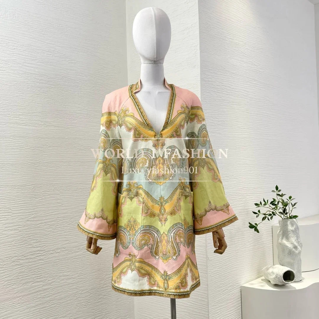 Women's Vacation Beach Style 2026 Multi Color Paisley Print Long Sleeve V-neck Mini Dress for Holiday