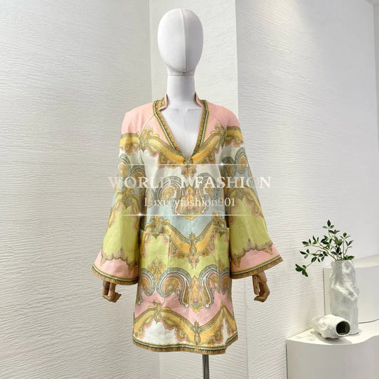 Women's Vacation Beach Style 2026 Multi Color Paisley Print Long Sleeve V-neck Mini Dress for Holiday