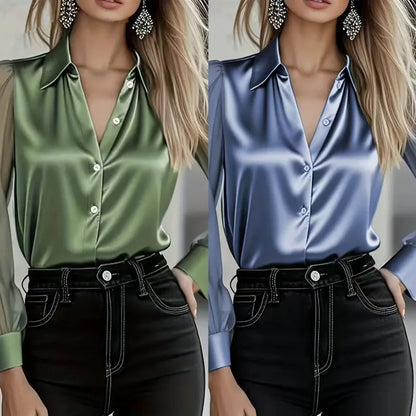 Women's Luxury Satin Long Sleeve Shirt - Elegant Office Blouse