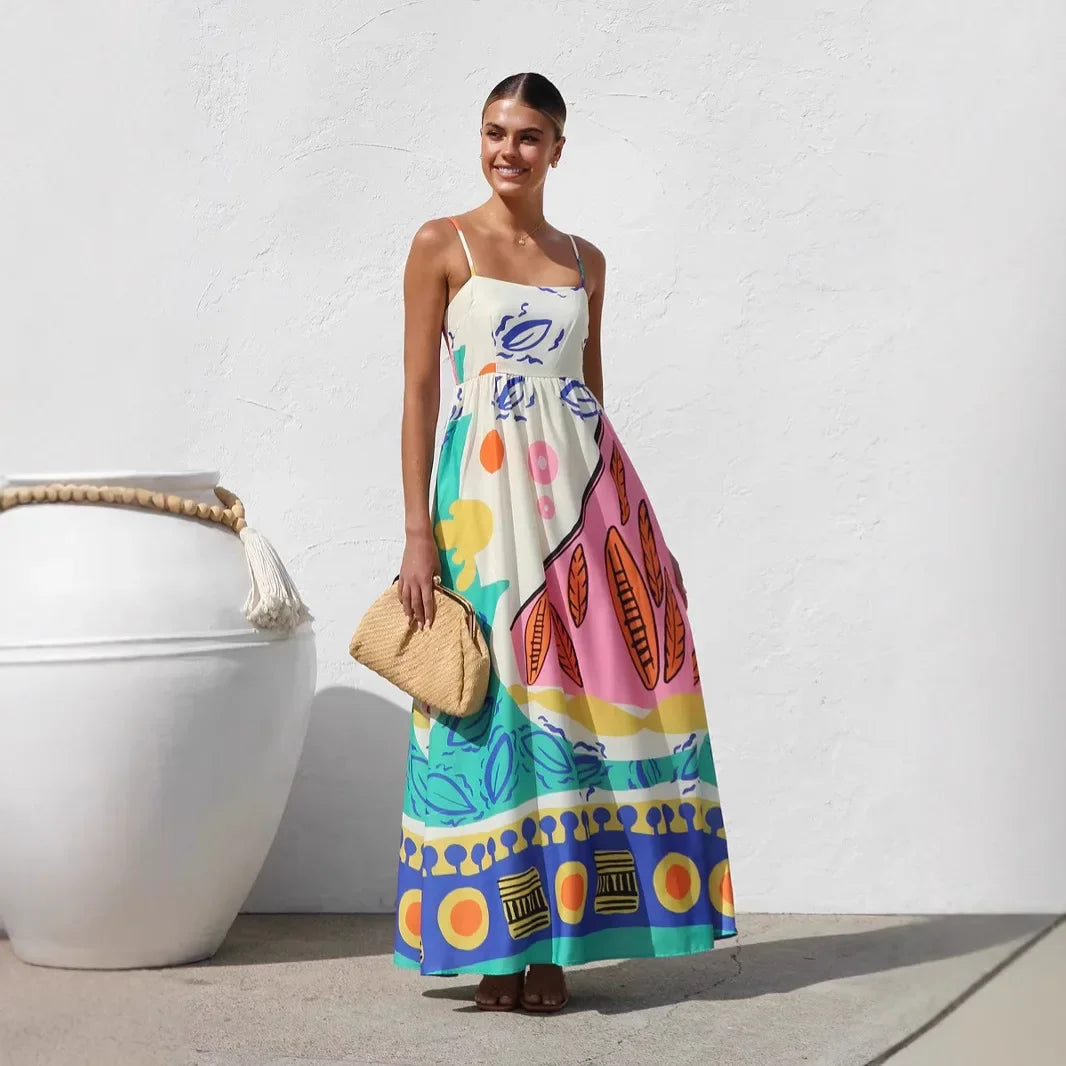 Women's Bohemian Halter Maxi Dress - Printed Beach Vacation Dress