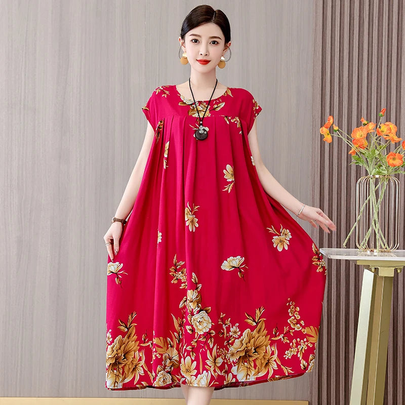 Women's Plus Size Summer Dress - Loose O-Neck Cotton Print Dress