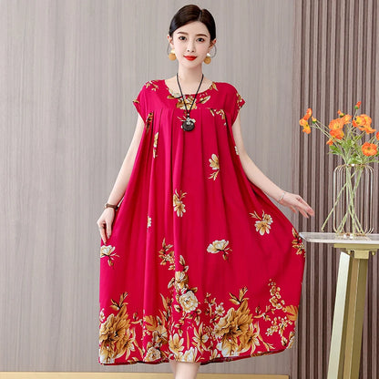Women's Plus Size Summer Dress - Loose O-Neck Cotton Print Dress