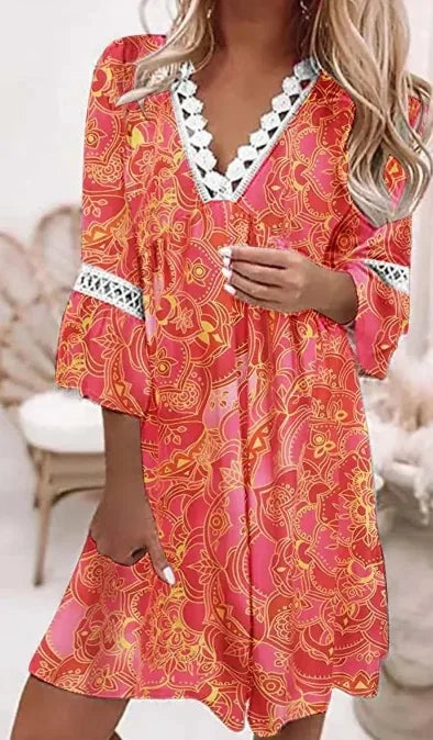 Canwedance New Boho Dress V Neck Printing Lace Midi Dress Floral Romantic Loose Fit Vestidos Hollow Out Chic Vacation Dress