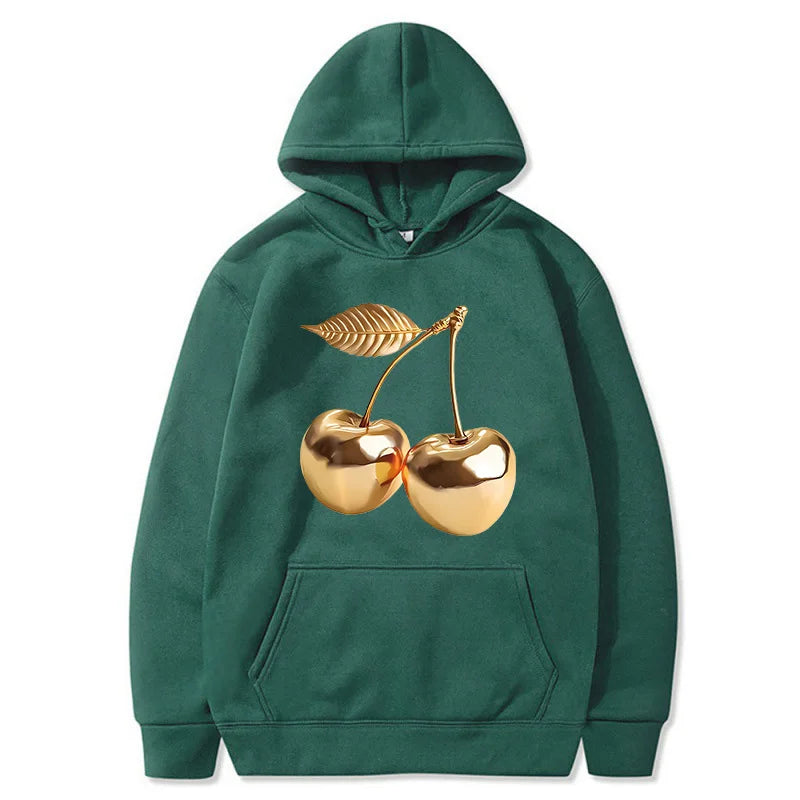Women's Golden Cherry Print Hoodie - Vintage 90s Sweatshirt