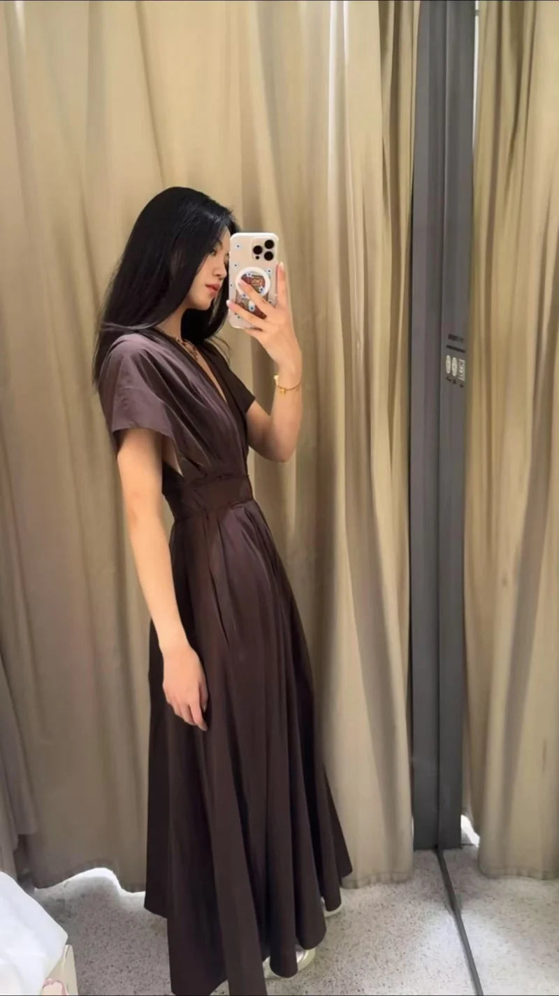 Women's Vintage V-Neck Midi Dress - Pleated Lace-Up Party Dress