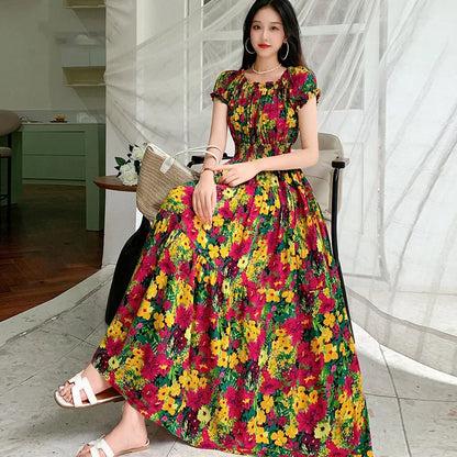 Bohemian Long Dress Summer Fashion One-Shoulder Floral Cotton Silk Elastic Waist Beach Skirt Vintage Ethnic Style Short Sleeve
