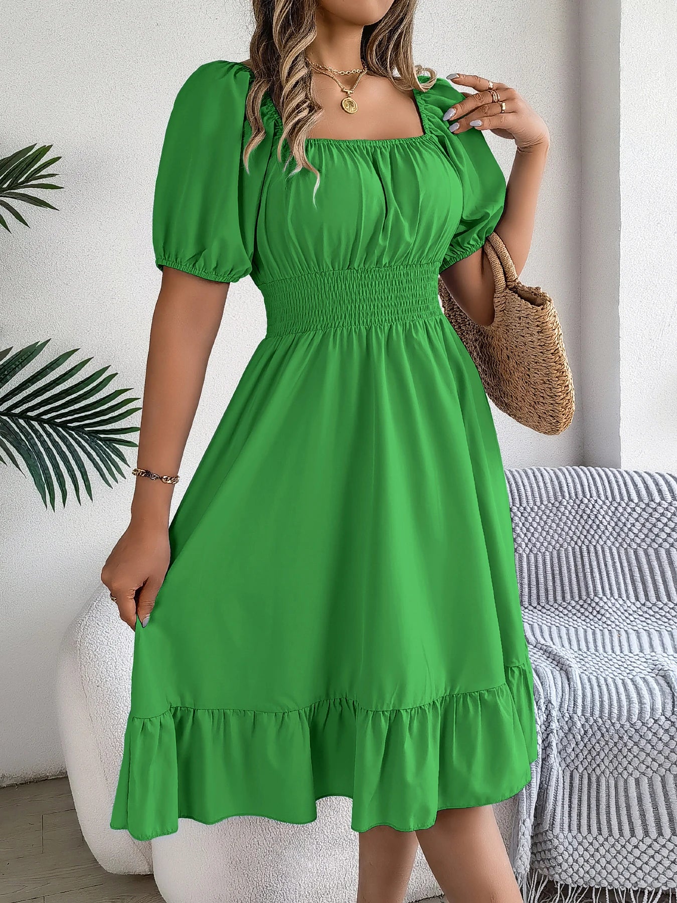 Women's Square Neck Maxi Dress - High Waist Ruffled Short Sleeve Dress