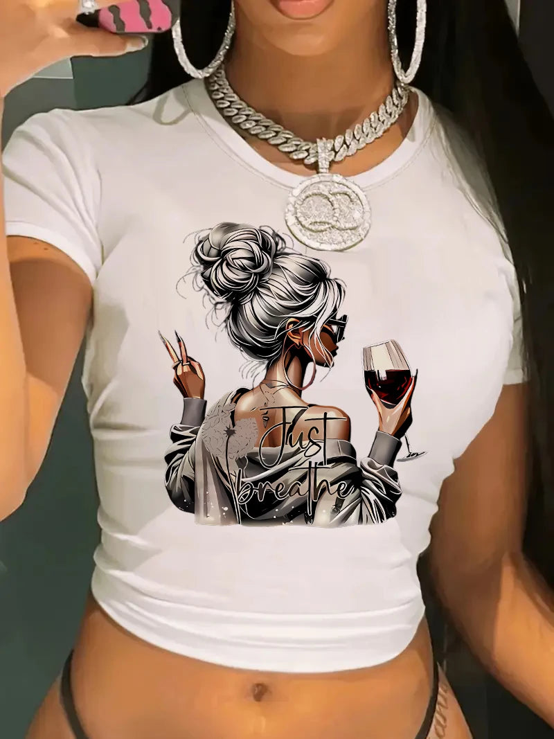 Women's Artistic Wine Print Crop Top - Chic Short Sleeve T-Shirt