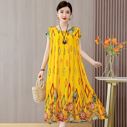 Women's Plus Size Summer Dress - Loose O-Neck Cotton Print Dress