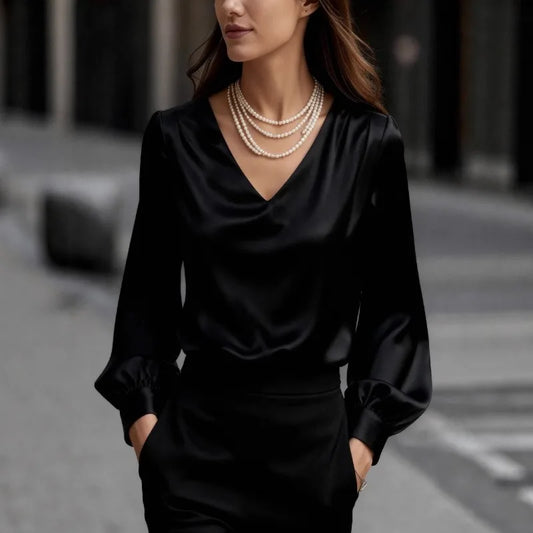 Women's V-Neck Puff Sleeve Satin Shirt - Loose Work Blouse