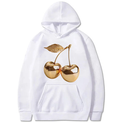 Women's Golden Cherry Print Hoodie - Vintage 90s Sweatshirt
