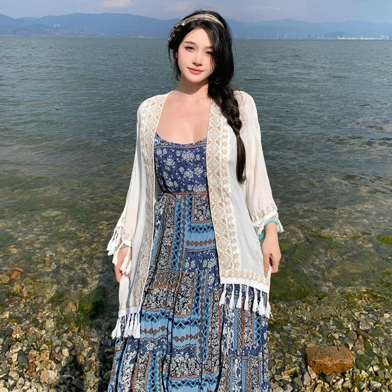 Women's Bohemian Embroidered Tank Dress - Ethnic Summer Maxi Dress