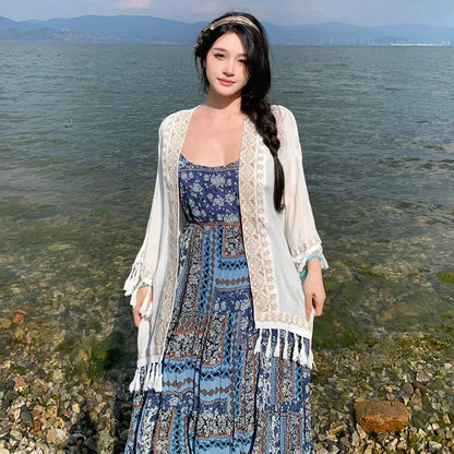 Women's Bohemian Embroidered Tank Dress - Ethnic Summer Maxi Dress